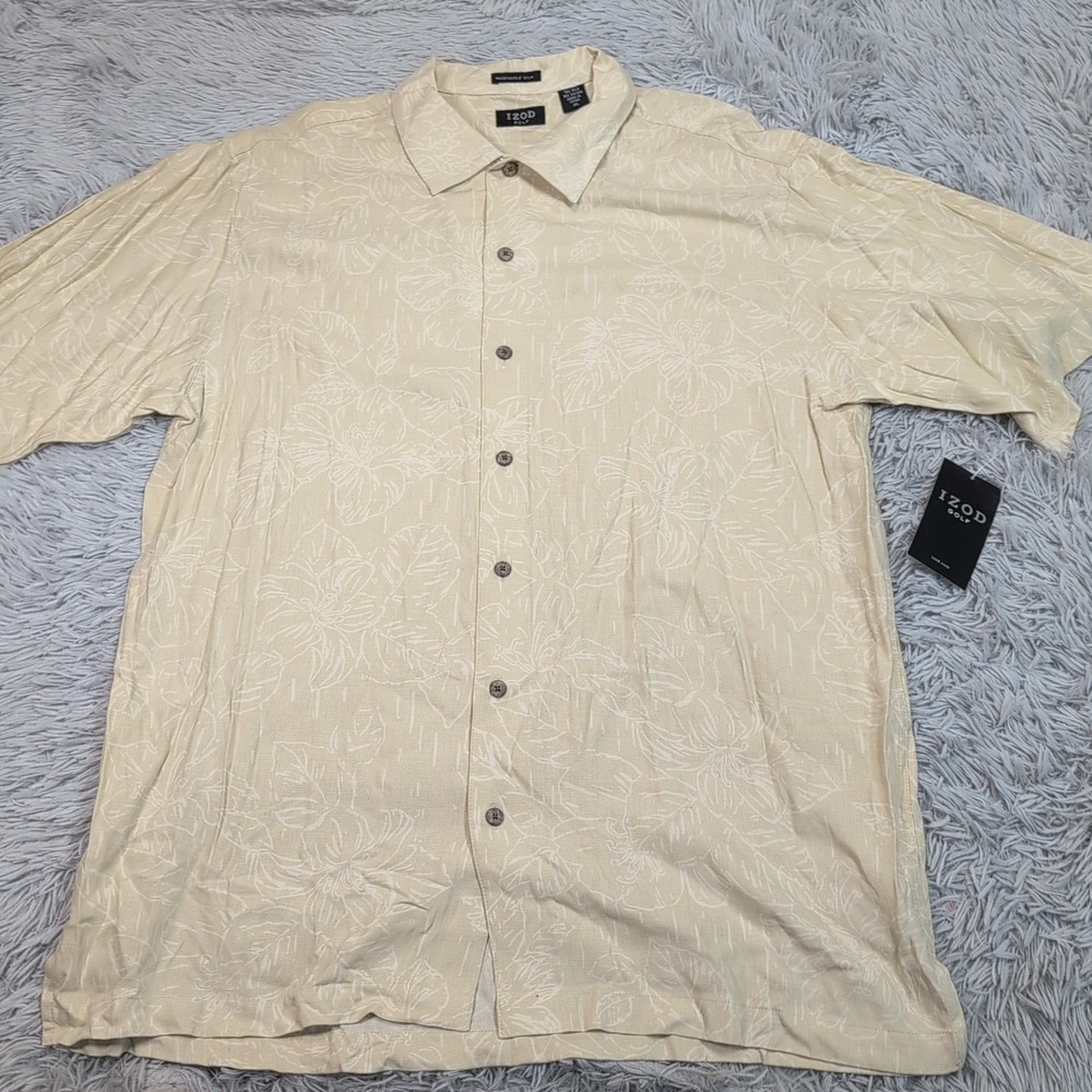 Izod Golf Shirt Mens XL Biege Silk Blend Button Up Casual Preppy Comfort New